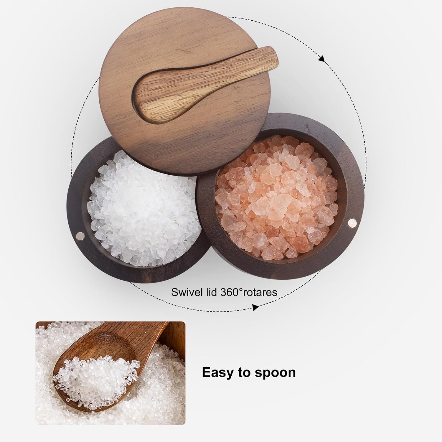 Wood Salt Cellar with Lid and Spoon, 2 Layers Wooden Spice Box, Magnetic Swivel Lid Salt Container for Countertop, Handcrafted Kitchen Seasoning Storage Box with Built-in Spoon, 7 Ounce