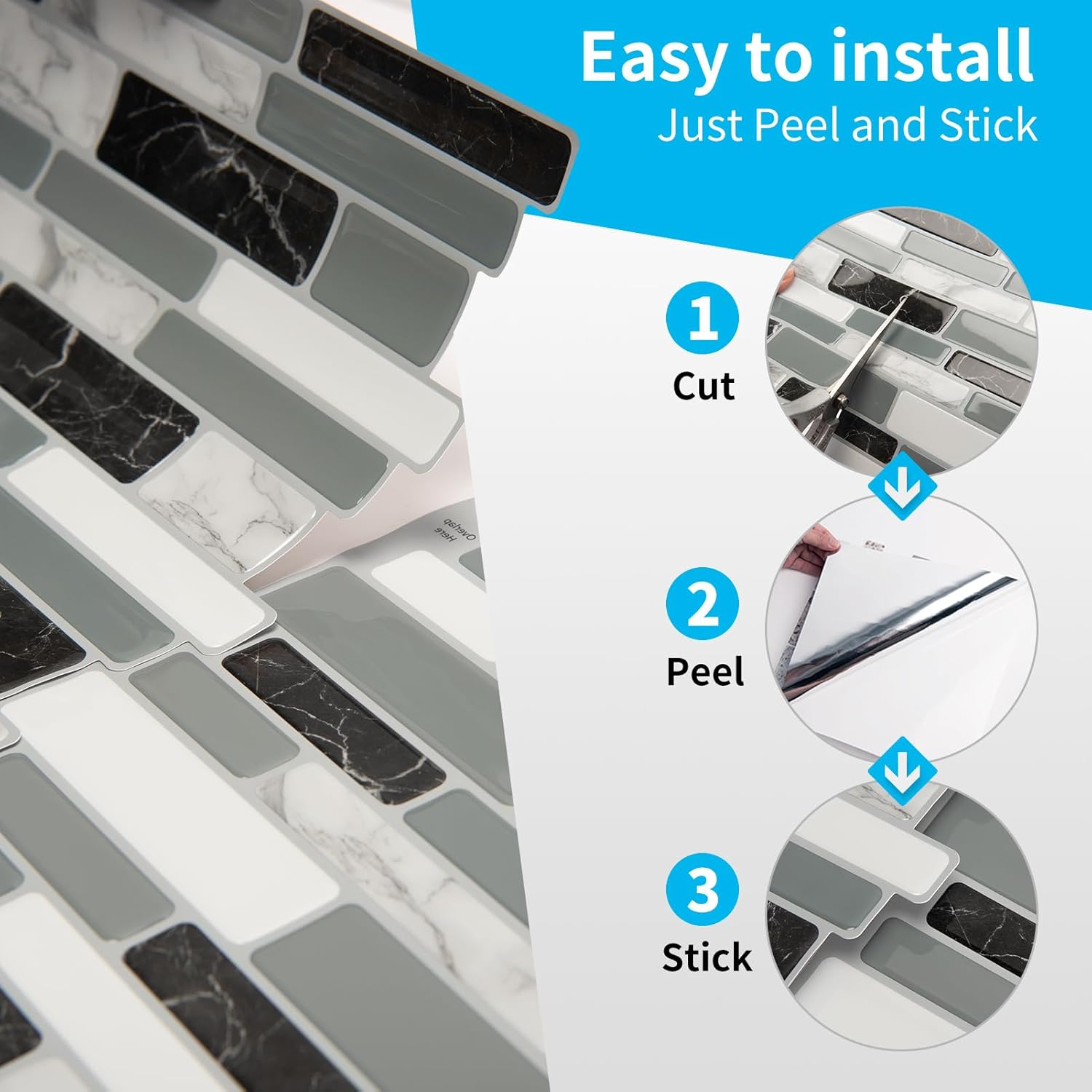 Art3d 20-Sheet Peel and Stick Kitchen Backsplash Tiles, Self-Adhesive Wall Tiles for Kitchen and Bathroom, 12"x12", Marble Grey