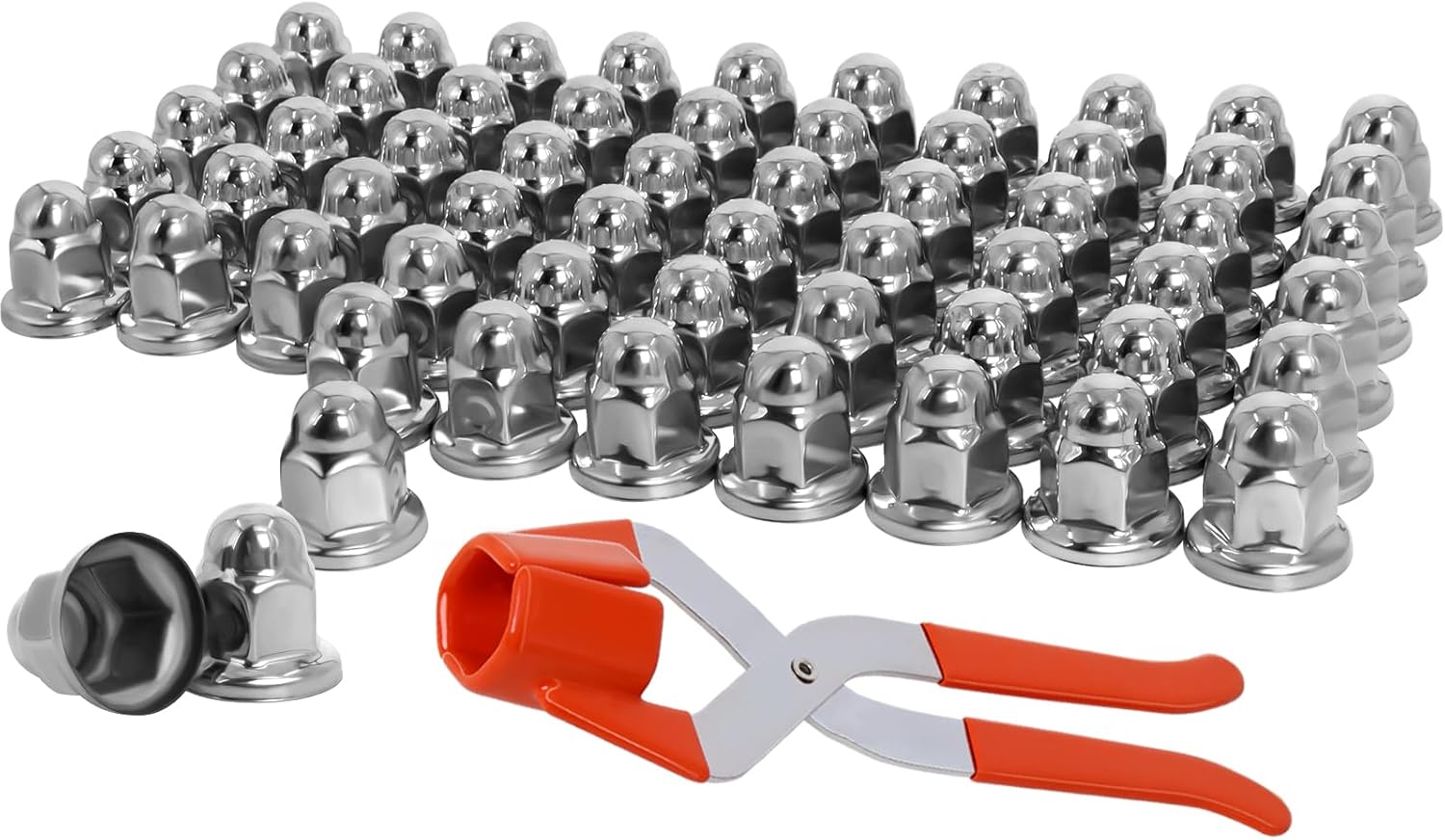 33mm Lug Nut Covers Push on for Semi Trucks, ABS Plastic Bullet Flanged 2-1/2" Height Caps with 33 mm Chrome Nut Cover Puller (60 Pack)