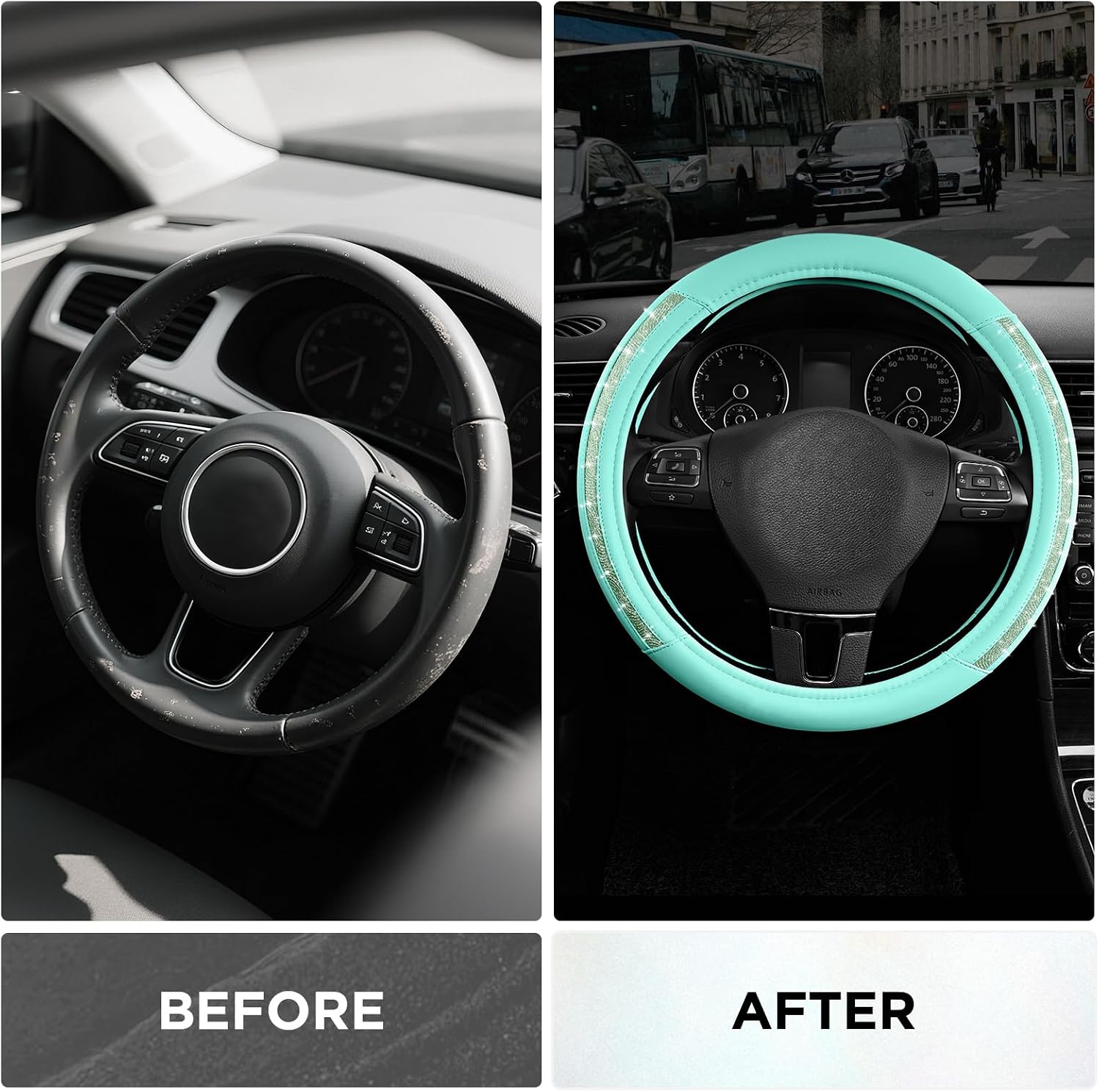 Road Comforts Steering Wheel Cover, Glitter Bling Leather Wheel Cover, Universal Fit 14.5"-15.5" Steering Wheels for Women & Girls, Anti-Slip Car Wheel Protector for Cars, Trucks, Vans, SUVs-Mint
