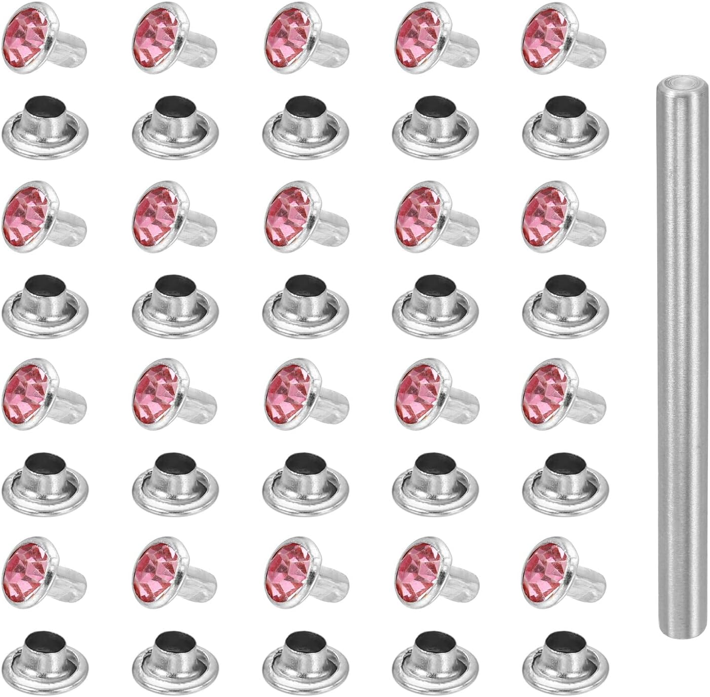 – sourcing map 100pcs Crystal Rivets 6mm Rhinestone Rapid Stud Rivets with Steel Installation Tool for Clothing Leather Fabric Arts Crafts Decoration Leathercraft DIY, Silver Pink