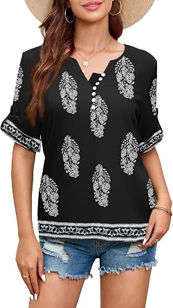 GUNEST Boho Tops for Women Floral Print Button Up V Neck Roll Up 3/4 Sleeve Casual Summer Blouses