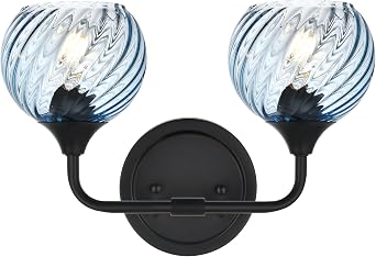 MELUCEE 15 Inch 2 Light Bathroom Wall Lights with Blue Striped Swirl Glass Shade, Black Bathroom Lights Over Mirror Vanity Lighting Fixtures Wall Lamp for Bathroom, Living Room, Hallway