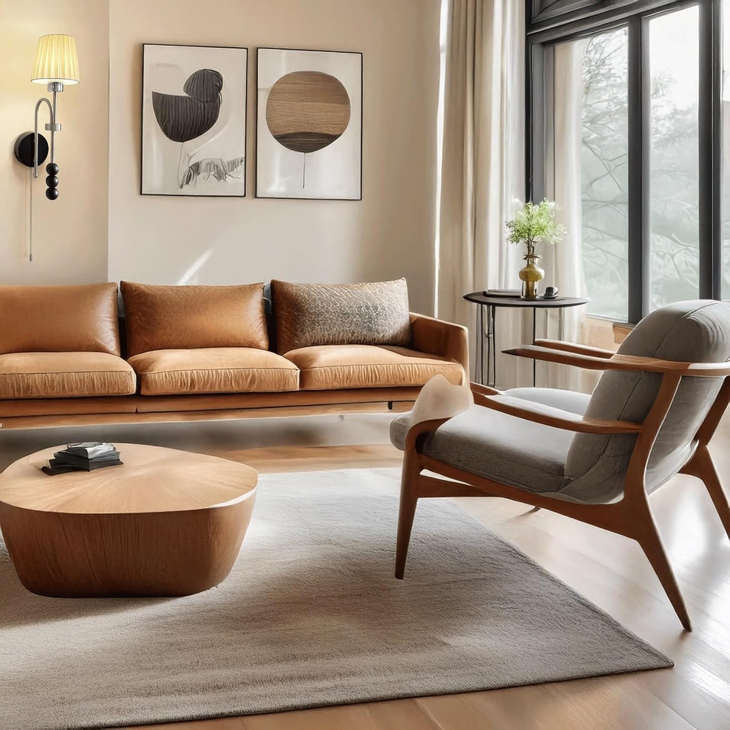 Modern Minimalist Wall Sconce Black & Sand Nickel Metal Wood Bead Decor Pleated Fabric Shade Hardwired Wall Lamp with Pull Chain for Bedroom Reading Nook Entryway Nordic Art Ambient Lighting