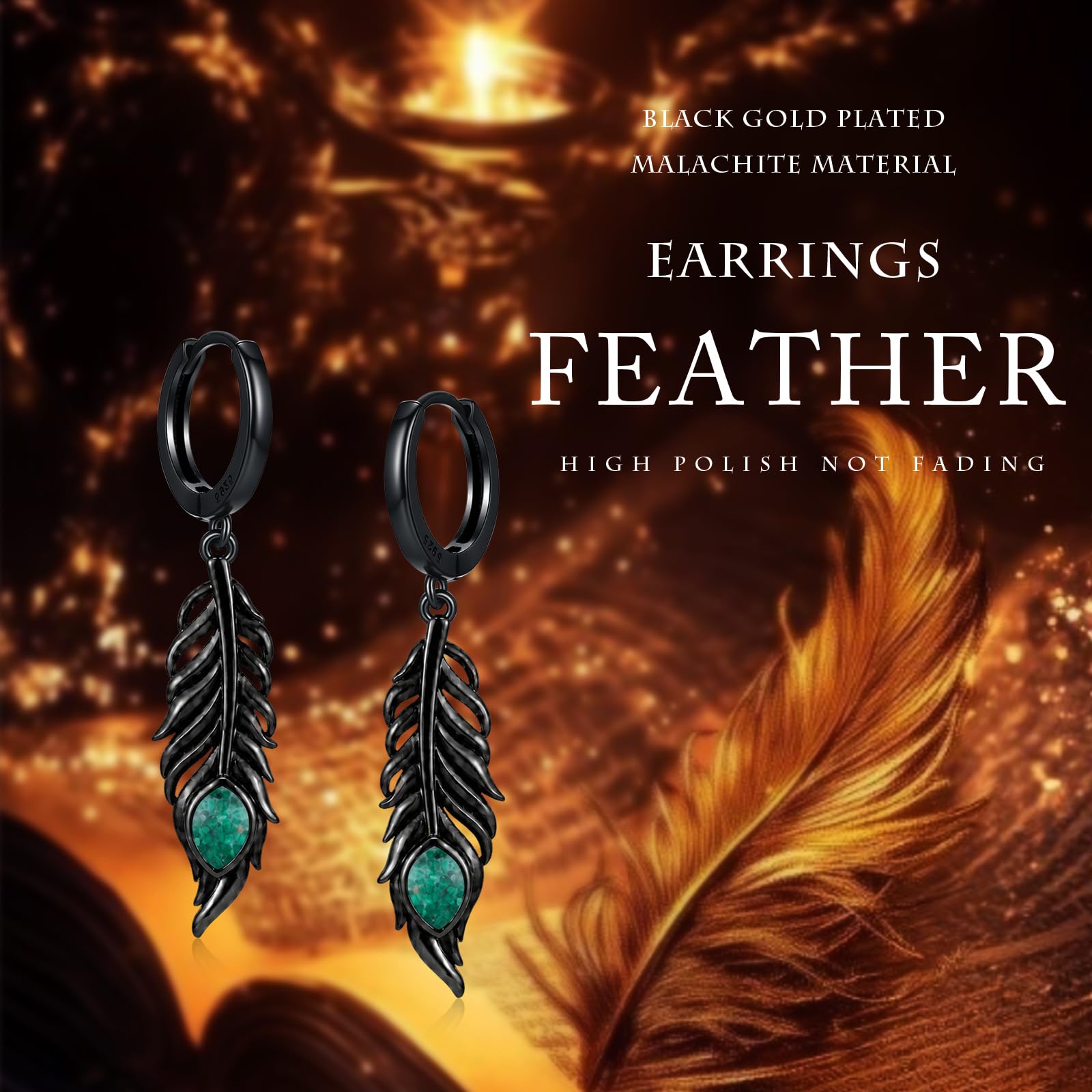 REDSUN Orecchini a cerchio in argento Sterling S925 con piuma nera con malachite, orecchini pendenti in stile bohémien, per uomo e donna
