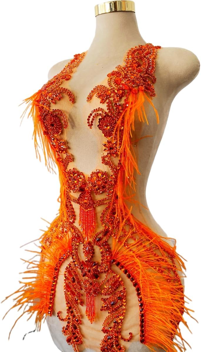 Large Size Pure Hand-Stitched Bodice Rhinestones Appliques Long Feather Decorative Bead Embroidery Trim Patches Exquisite Luxury Accessories for Dress Clothing (Orange)