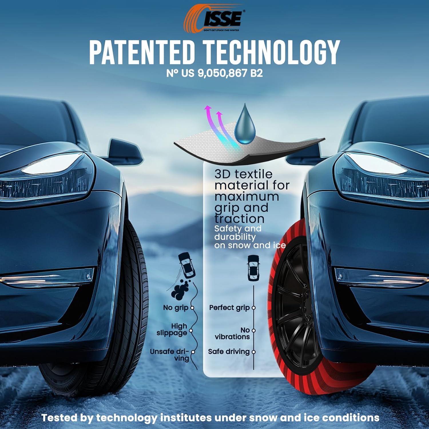 ISSE Classic Snow Socks for Tires. Designed for All Tire Brands. Textile Chain Replacement for Optimal Traction in Snow & Ice. Easy Install. Emergency Winter Safety Solution, Multi-Season Use. Size 70