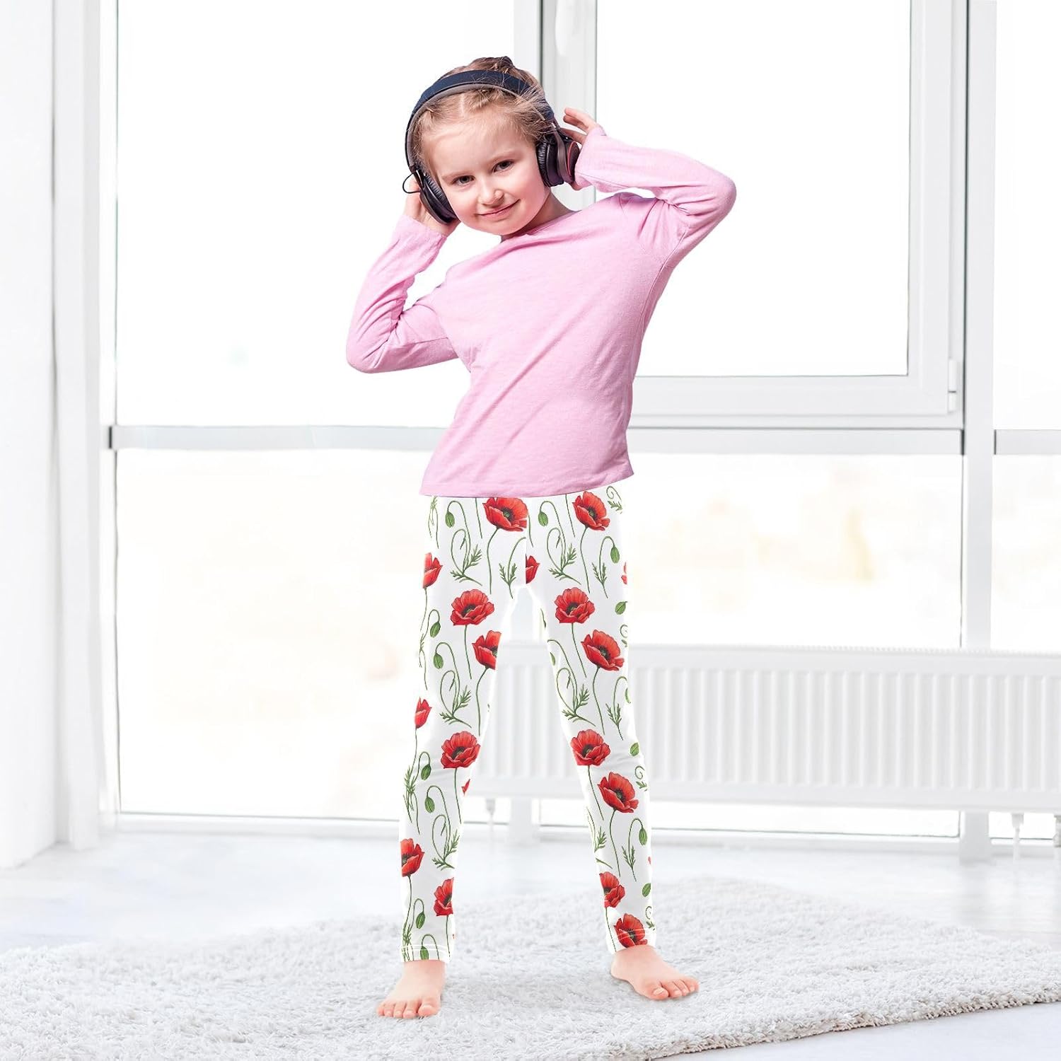 Kids Full-Length Leggings Red Poppy Flowers