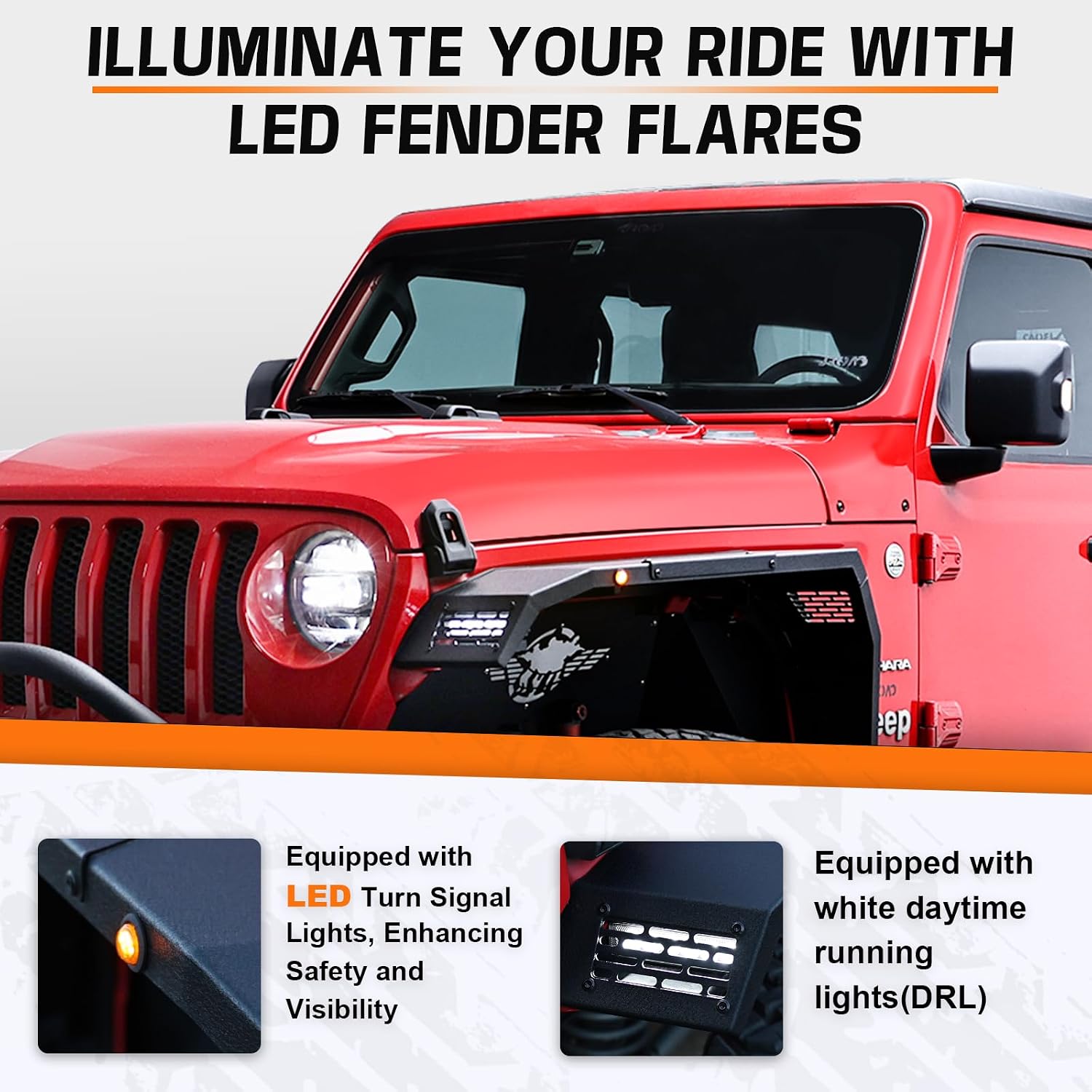 Front and Rear Fender Flares w/LED Compatible with 2018-2024 Jeep Wrangler JL & Unlimited 2&4 Doors,Turn Signal LightsSolid Steel Mud Fenders,Heavy-Duty Off-Road Wheel Fenders - 4PCS Black