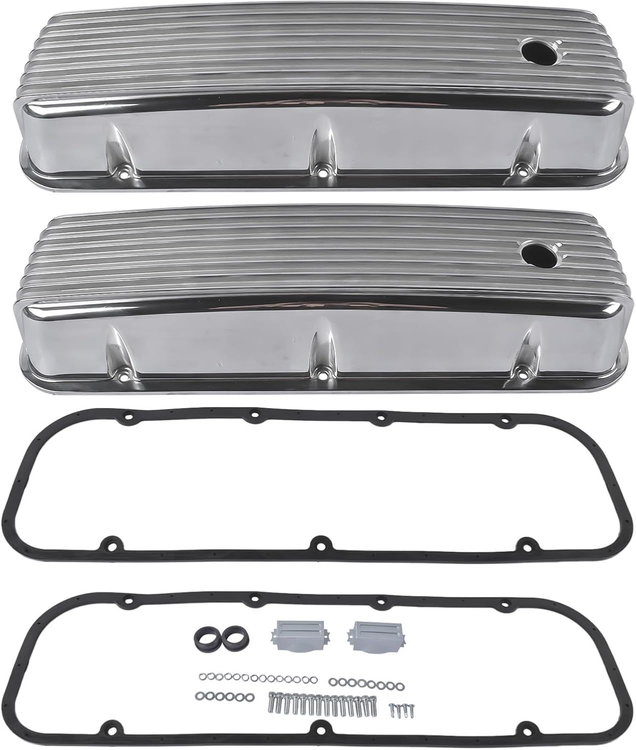 Tall Finned Aluminum Valve Covers 3 11/16" Polished Replacement for Chevy BBC Big Block 396 454 502 1965-1995