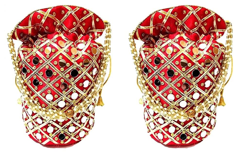 Red Damru Potli Combo (Pack of 2) for women handbags wedding festive Gifts Ethnic Wristlet Potli bags Mirror work women fashion accessories (Red)-image-18