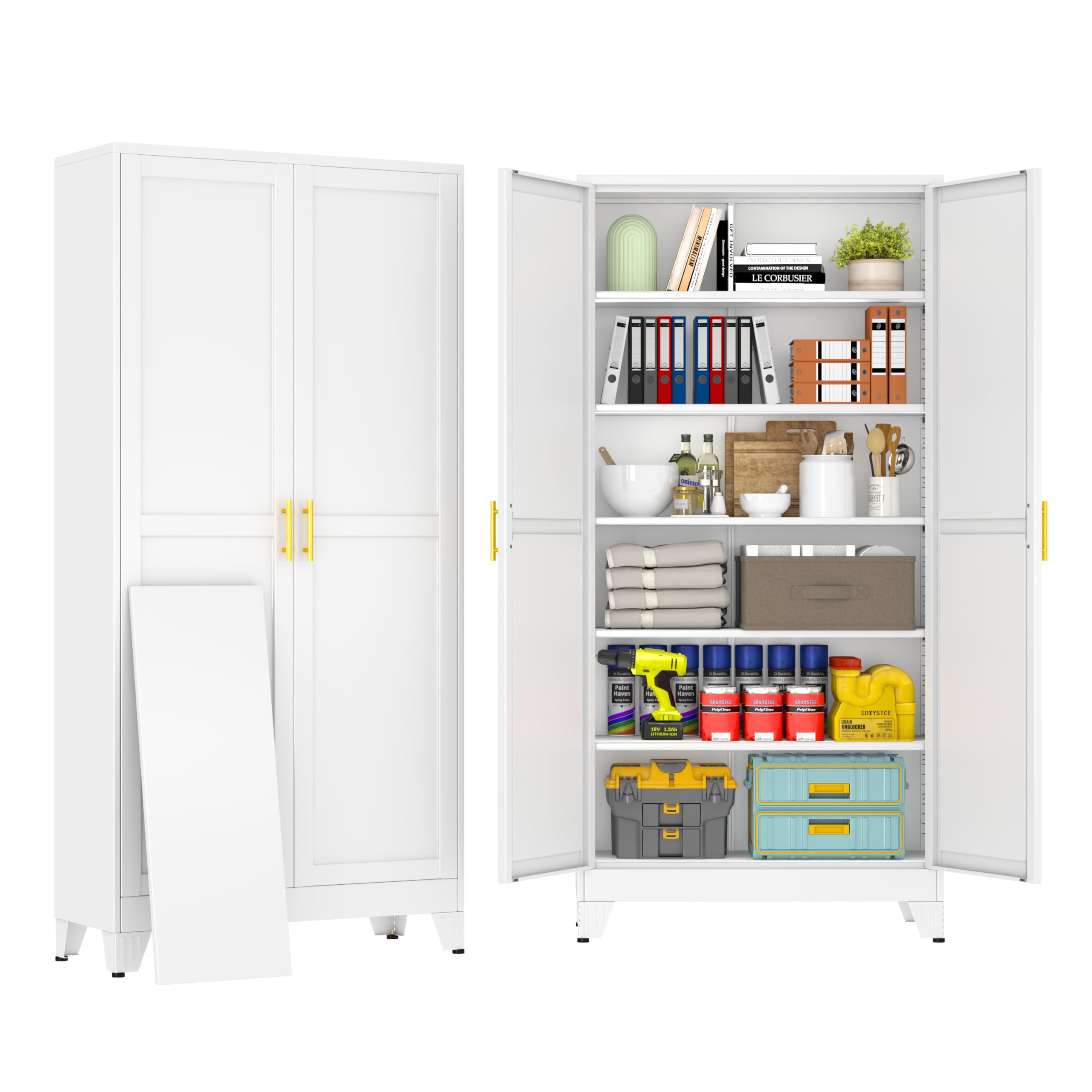 75" White Tall Metal Storage Cabinet with 2 Doors and 5 Adjustable Shelves,Steel Garage Tool Cabinet, File Cabinet,Kitchen Pantry Cabinet for Home,Office,Garage,School,Warehouse