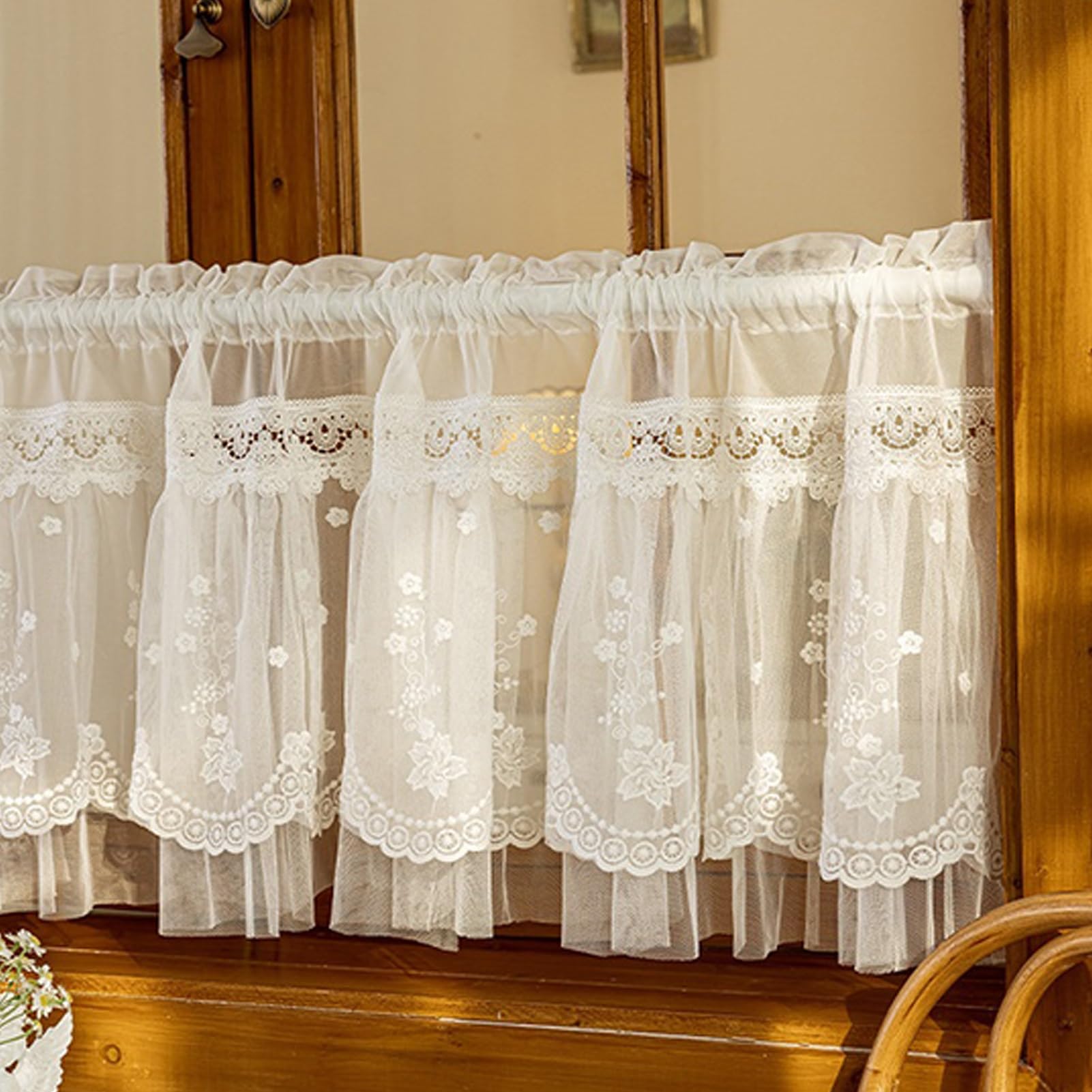 Rideaux Court Volants Cuisine en Voile Blanc, Rideaux Cuisine Style | Rideaux Fenêtre De Cuisine Au-dessus L'évier, Demi-fenêtre Filtrant Lumière, Rideau Bistro(98.4LX 15.7Hin/250LX 40Hcm)