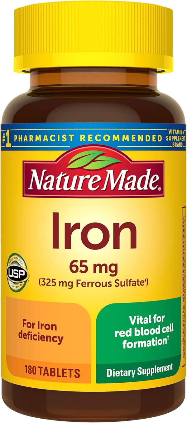 Hierro Nature Made 65 mg (325 mg de sulfato ferroso) tabletas, 180 tabletas | Suplementos de hierro para hombres y mujeres con deficiencia de hierro, suplemento dietético para el apoyo de glóbulos rojos, suministro para 180 días Tabletas 180 unidades (Paquete de 1)