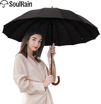 SoulRain 16 Ribs 48 Stick Umbrella Auto Open Solid Color Fashionable and Simple,Arc Classic Wood Handle,Windproof Unbreakable Stick Rain Umbrella