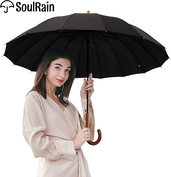 SoulRain 16 Ribs 48 Stick Umbrella Auto Open Solid Color Fashionable and Simple,Arc Classic Wood Handle,Windproof Unbreakable Stick Rain Umbrella