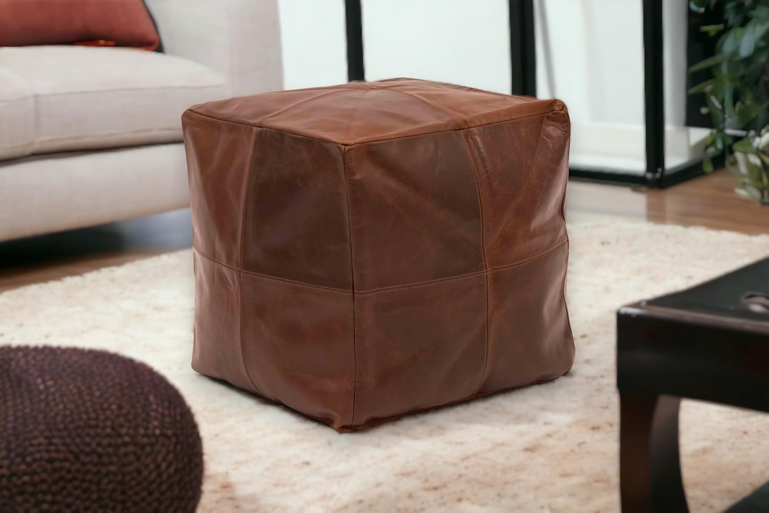 RAJERIYA Square Leather Moroccan Pouf - Genuine Leather - Room Decor -Hassock & Ottoman Footstool - Square & Large Ottoman Pouf - Unstuffed (Brown Color)
