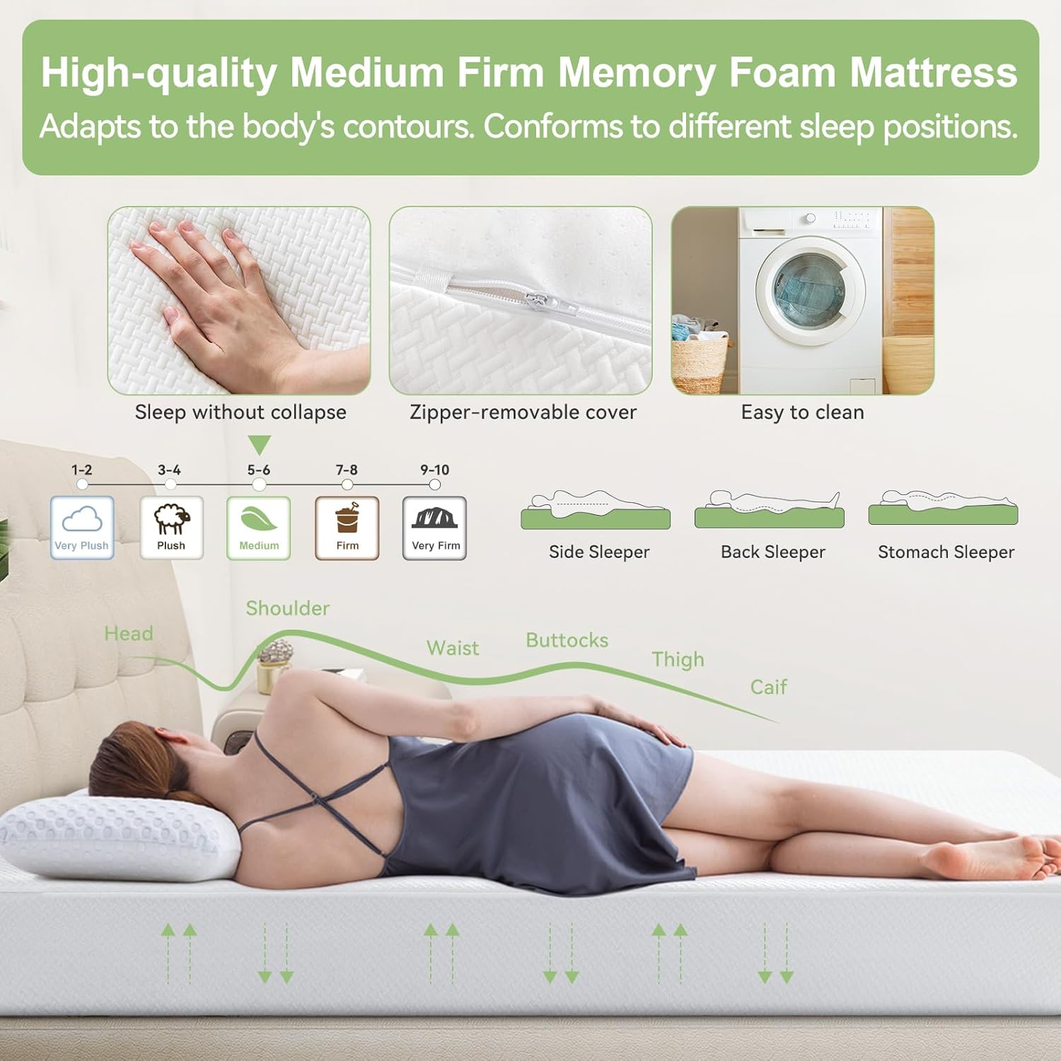 Opoiar Firm Memory Foam Mattress King Size 10 Inch, Premier Cooling Green Tea Gel Bed-Mattress in Box, High-Density Mattresses for Back Pain, Removable Fiberglass Free Cover, CertiPUR-US, 80'' x 76''