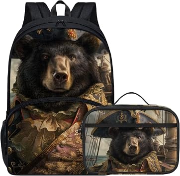Animal Backpack with Lunch Box for Kids Lightweight 17 Inch Bookbag Pirate Black Bear Backpack for Boys Girls School Bag Elementary Student Personalized Bookbag and Lunch Bag Set