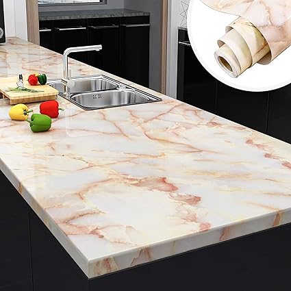 Wolpin Wall Stickers Marble Wallpaper Furniture (45 x 600 cm) Jade Kitchen Counter, Cabinet Makeover, Almirah, Plastic & Wooden Tabletop, Wardrobe, PVC DIY Self Adhesive, Beige