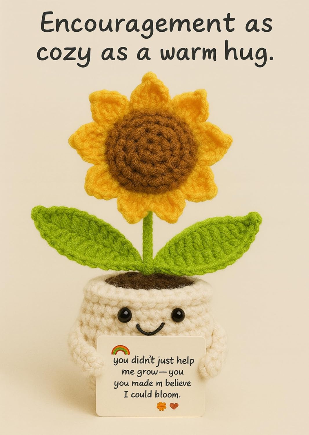 Crochet Sunflower with Positive Messages | Handmade Crochet Flower Desk Decor | Emotional Support Gift for Teacher, Friend, Coworkert | Light White Pot - Image 2
