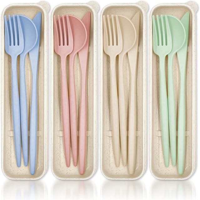 Acehome 4 Sets Cutlety Set with Case, Eco Friendly Reusable Portable Utensils Plastic Spoon Knife Fork for School Office Travel Picnic Camping Outdoor Use, 4 Colors