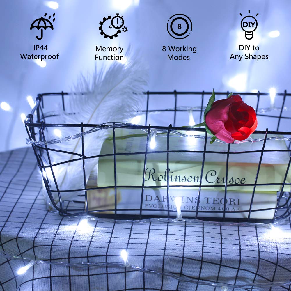 BrizLabs Luci Natalizie a Batteria 10M 100 LED Bianco Freddo Luci Stringa 8 Modalità Impermeabile Cavo trasparente Catena Luminosa Decorazioni Natalizie per Giardino, Albero di Natale, Matrimonio