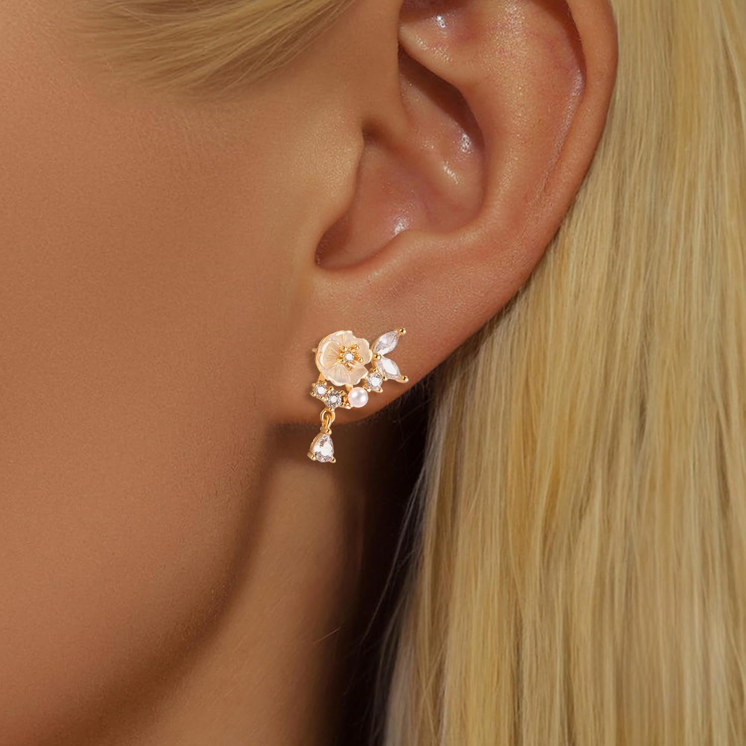 925 Sterling Silver Pearl Flower Leaf Stud Earrings for Women 14K Gold Plated Dainty Statement Cluster CZ Shell Pearl Dangle Earing to Daughter Wedding Prom Birth Valentine's Day Jewelry Gift - Image 2