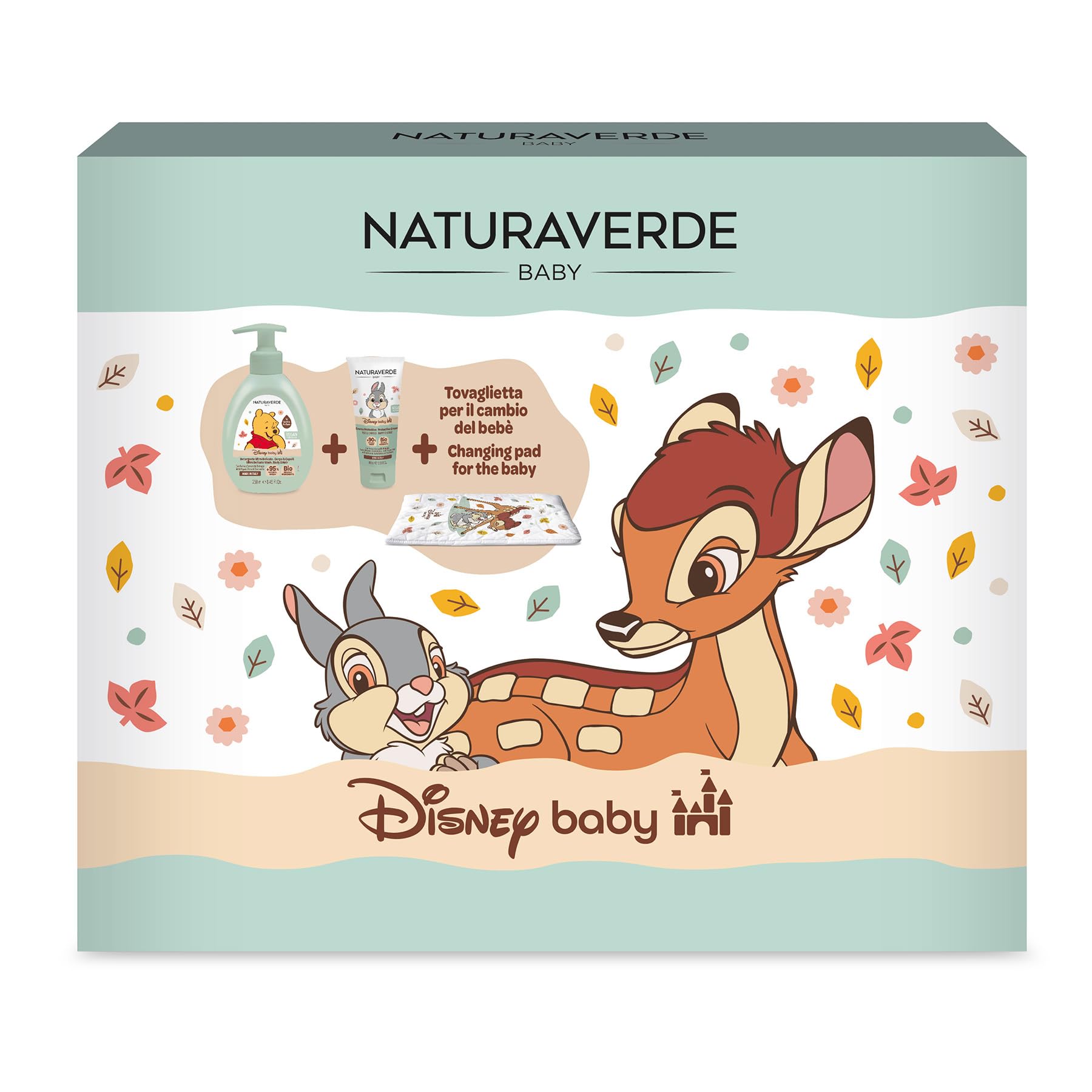 Naturaverde Baby Disney Bambi Changing Pad Gift Set - Detergente Delicato Corpo e Capelli 250ml, Crema Protettiva Cambio 100ml e Tappetino Cambio Pannolino 30x60