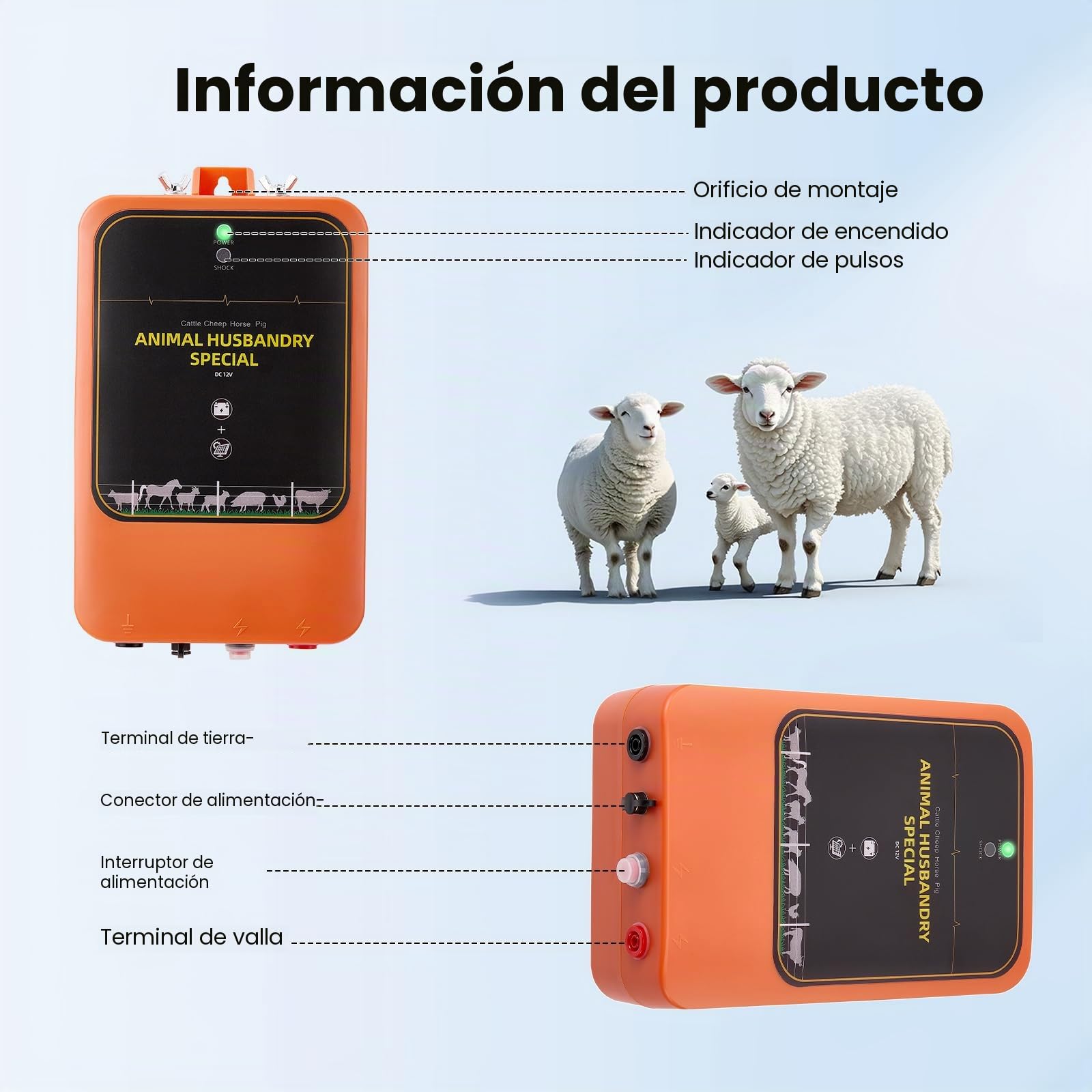 Electrificador de Cerca Solar 10km, 1.2J 12kV Cargador de Cerca Recargable con Panel Solar & Adaptador AC, IP65 Impermeable para Ganado, Granja, Pastizal, Aves de Corral