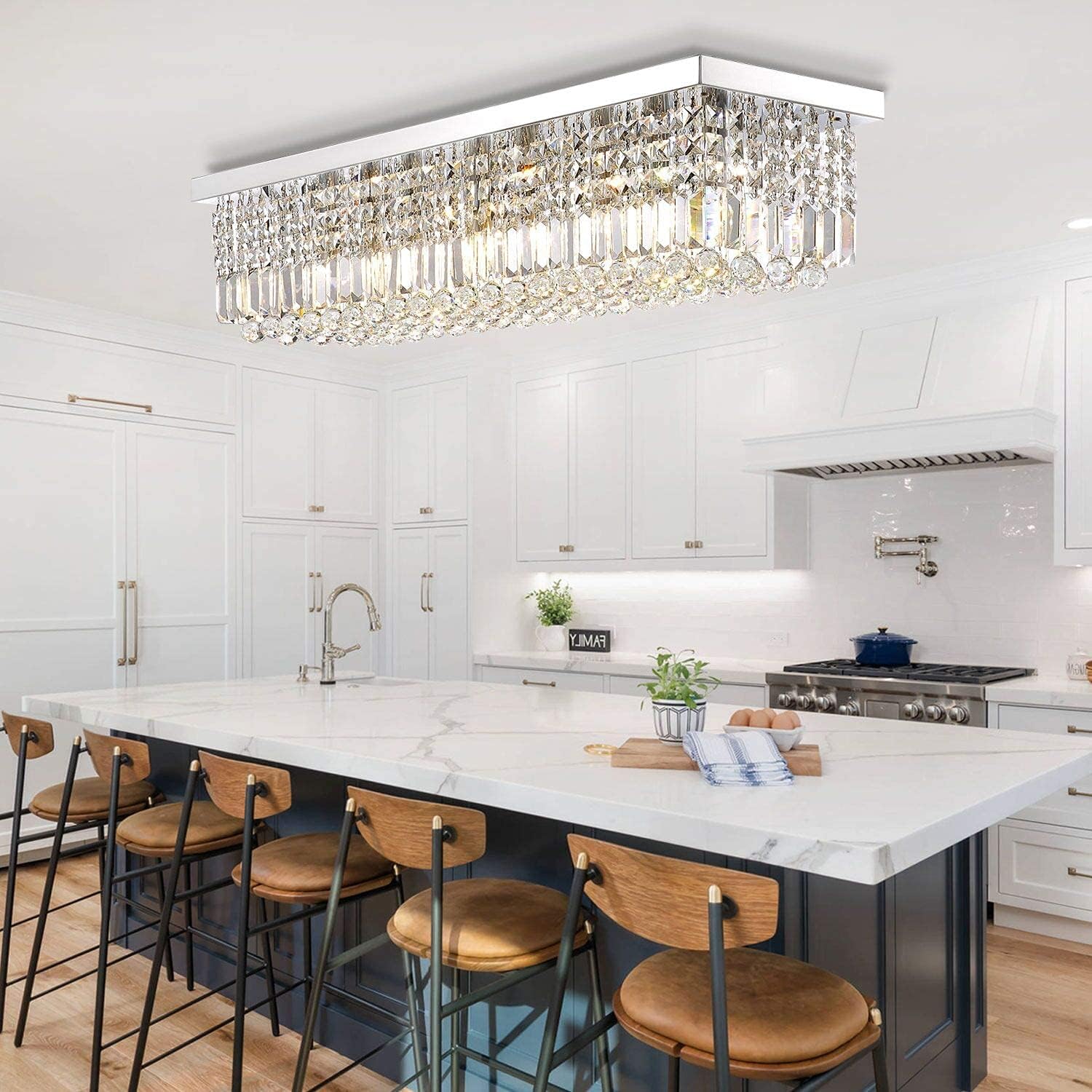 Flash Deals - 60% OFF APBEAM Rectangular Crystal Chandelier Modern Flush Mount Ceiling Light Fixture for Dining Room Living Room