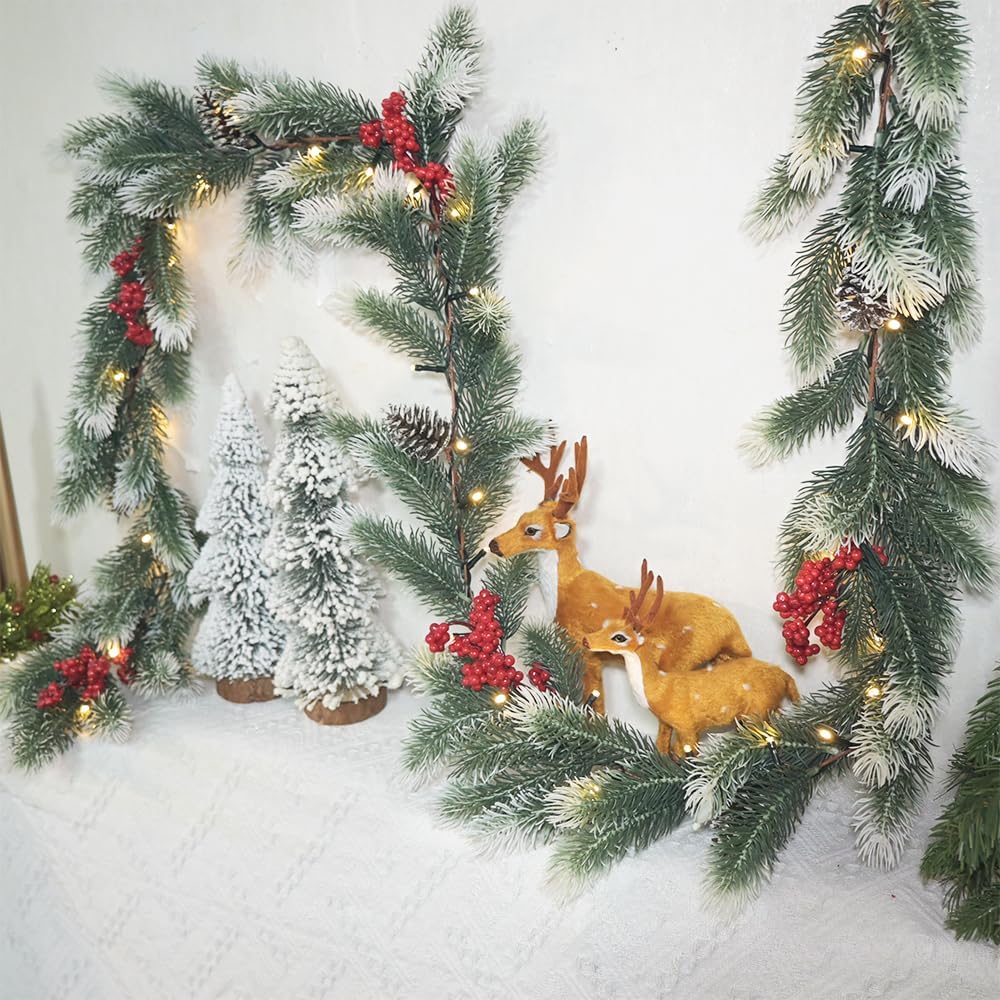 6.56 FT Christmas Garland Lights 40 LED Greenery Cedar Pine Garlands for Xmas Tree Christmas Winter Snowy Pine Garland Wreath Decorations for Mantle Table Centerpiece Wall Indoor Outdoor Home Decor