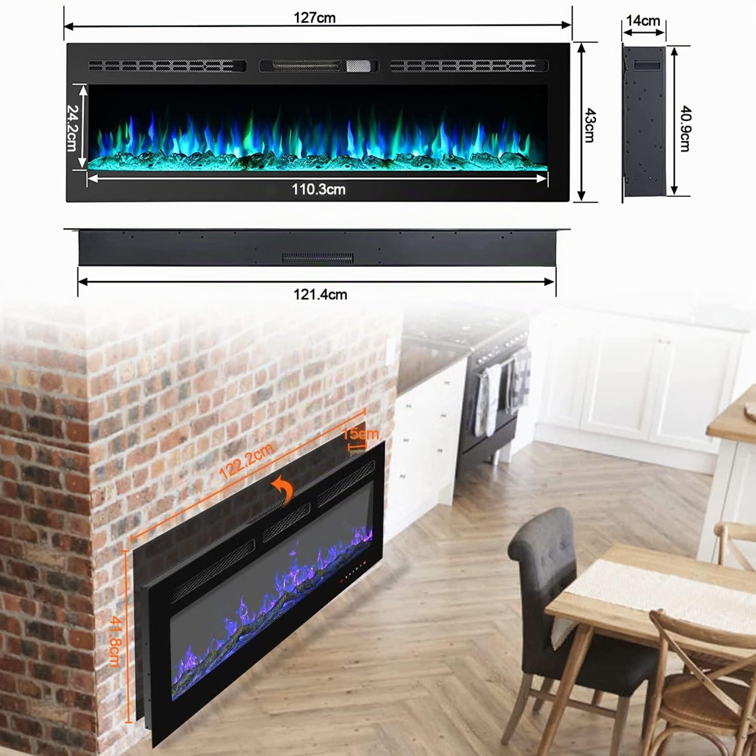 M.C.Haus Camino Elettrico Touch Screen Pannello in Vetro con Inserto a Fiamma Colorata Riscaldatore a Parete Telecomando con Crystal LogSet,900W/1800W (127 cm)