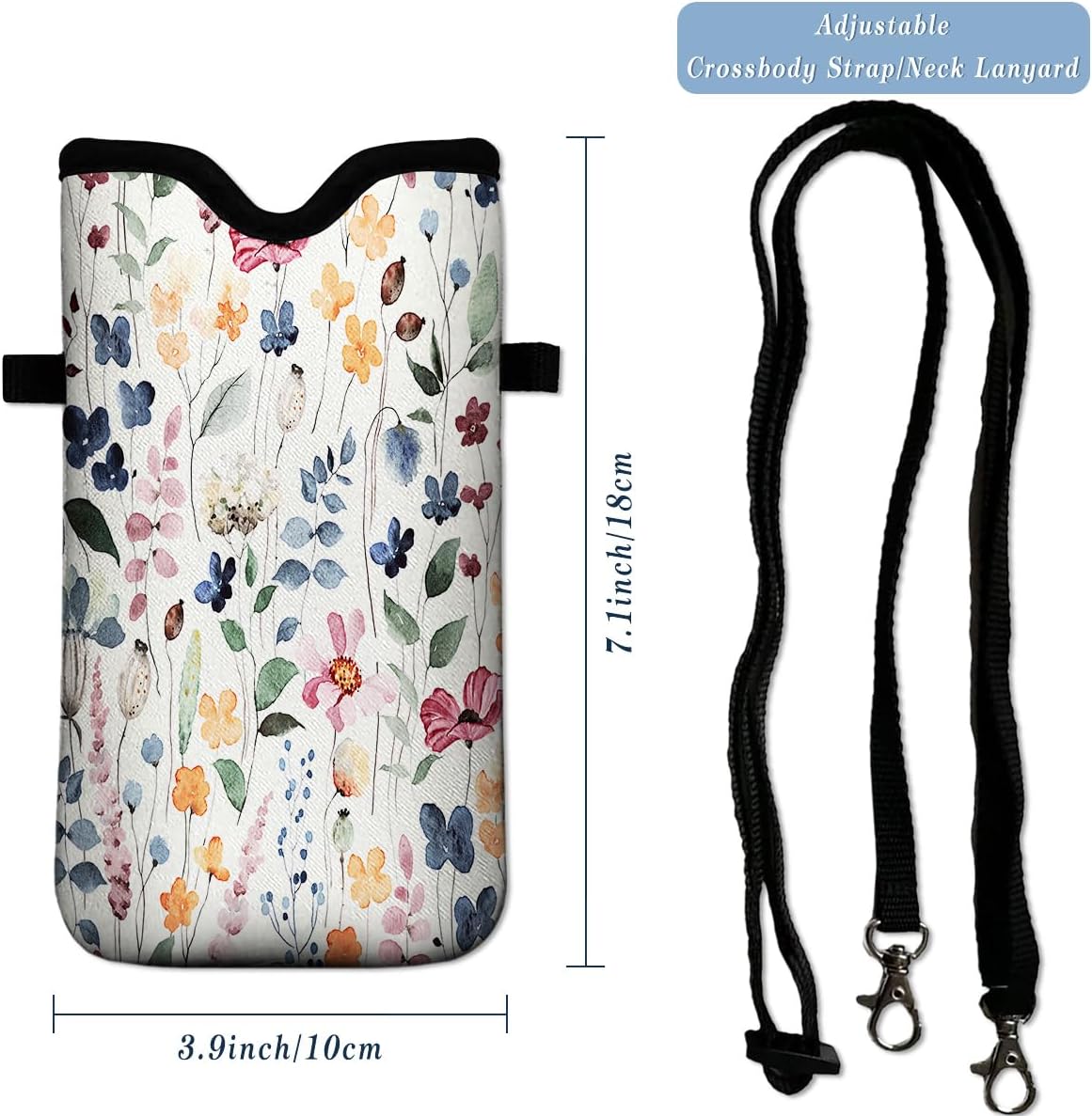 Universal Neoprene Cell Phone Pouch 7.1 X 4 in Mobile Protection Case Bag with Crossbody Strap/Neck Lanyard Colorful Boho Leaf Printed Pattern - Image 4