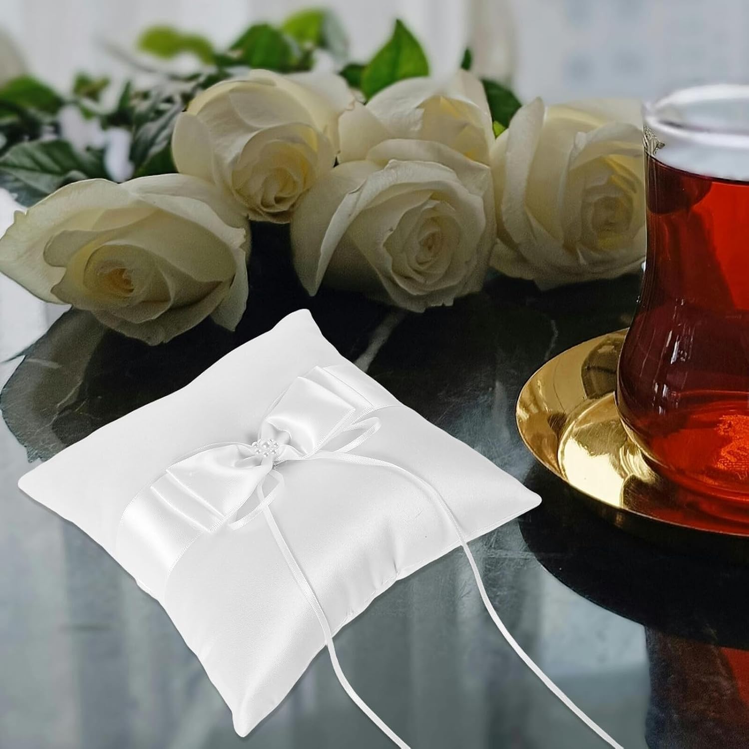 Wedding Ring Pillow Cushion 20x20cm Double Flower Beaded Satin Ring Bearer Pillow for Wedding Ceremony and Party Decoration