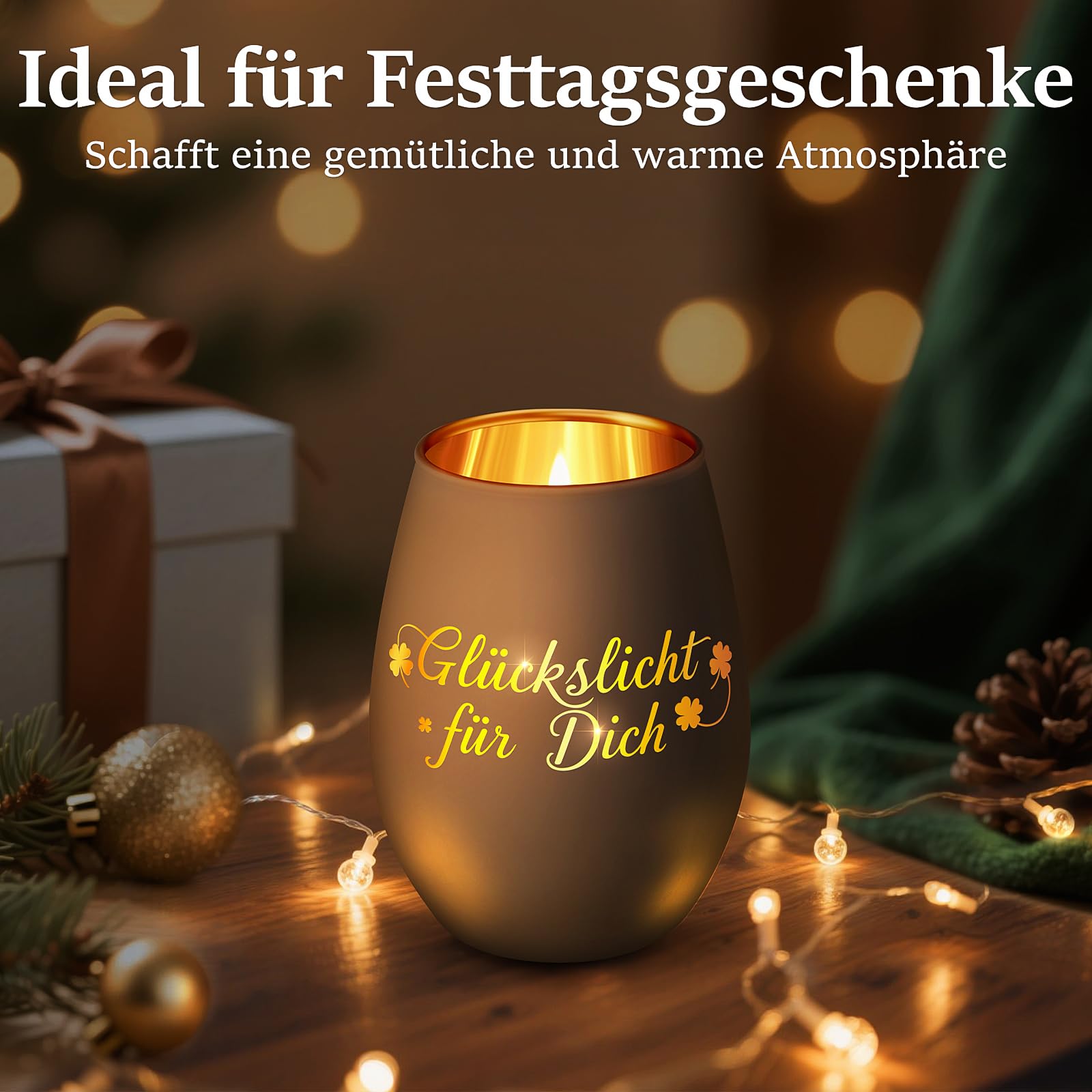 Windlicht mit Gravur Glückslicht Geschenke für Frauen, Windlicht aus Glas Teelichthalter mit Aufschrift für Kollegin Nachbarin, Personalisierte Geburtstag Weihnachten Dankeschön Geschenk