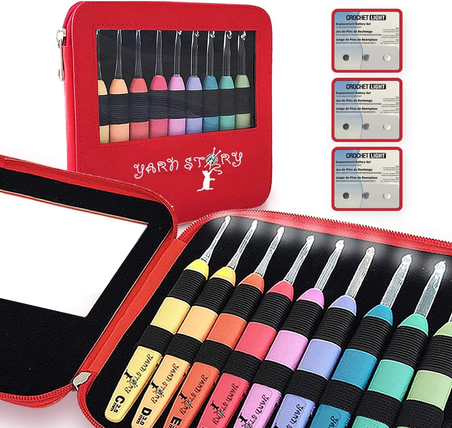 Yarn Story™ Light Up Crochet Hook Set 9/pkg - 9 Pcs Lighted Crochet Hooks Complete Set with 9 Extra Batteries - LED Lighted Crochet Hook Kit - Lite Crochet Set Sizes 2.5 to 6.5mm (Red with Batteries)