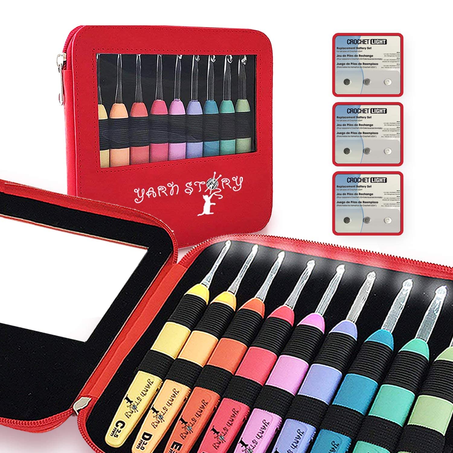 Juego de agujas de ganchillo iluminadas, 9 unidades, juego completo de 9 ganchos de ganchillo iluminados con 9 baterías adicionales, kit de ganchos de ganchillo con luz LED, tamaños de 2,5