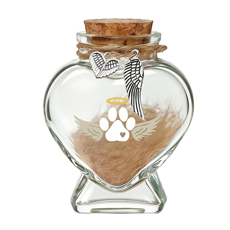 Frasco Memorial de Vidro em Formato de Coração para Pelos de Cães e Gatos Chowsie Roxo, com Cartão de Condolências