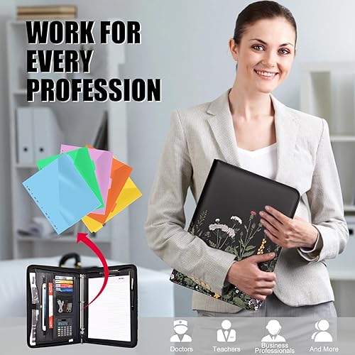 Vista 65 de Eshow Organizador de cartera, carpeta de 3 anillos con cremallera, carpeta de cuero vegano con bloc de notas, incluye 10 protectores de hojas Negro