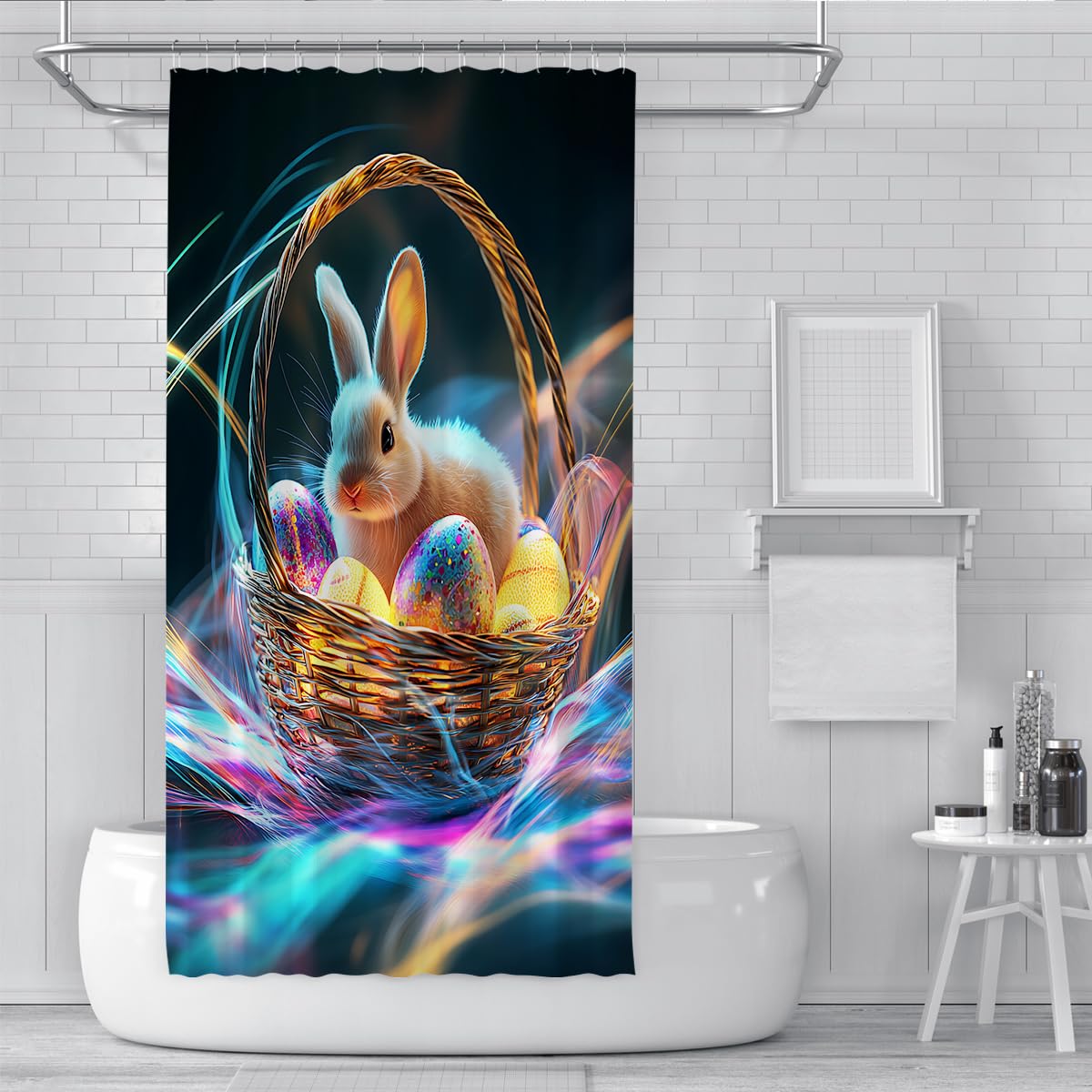 Osterhase im Korb-Duschvorhang mit bunten glitzernden Eiern und verträumtem Hintergrund Badewannenvorhang aus wasserdichtem Polyester für das Badezimmer 180 x 200 cm