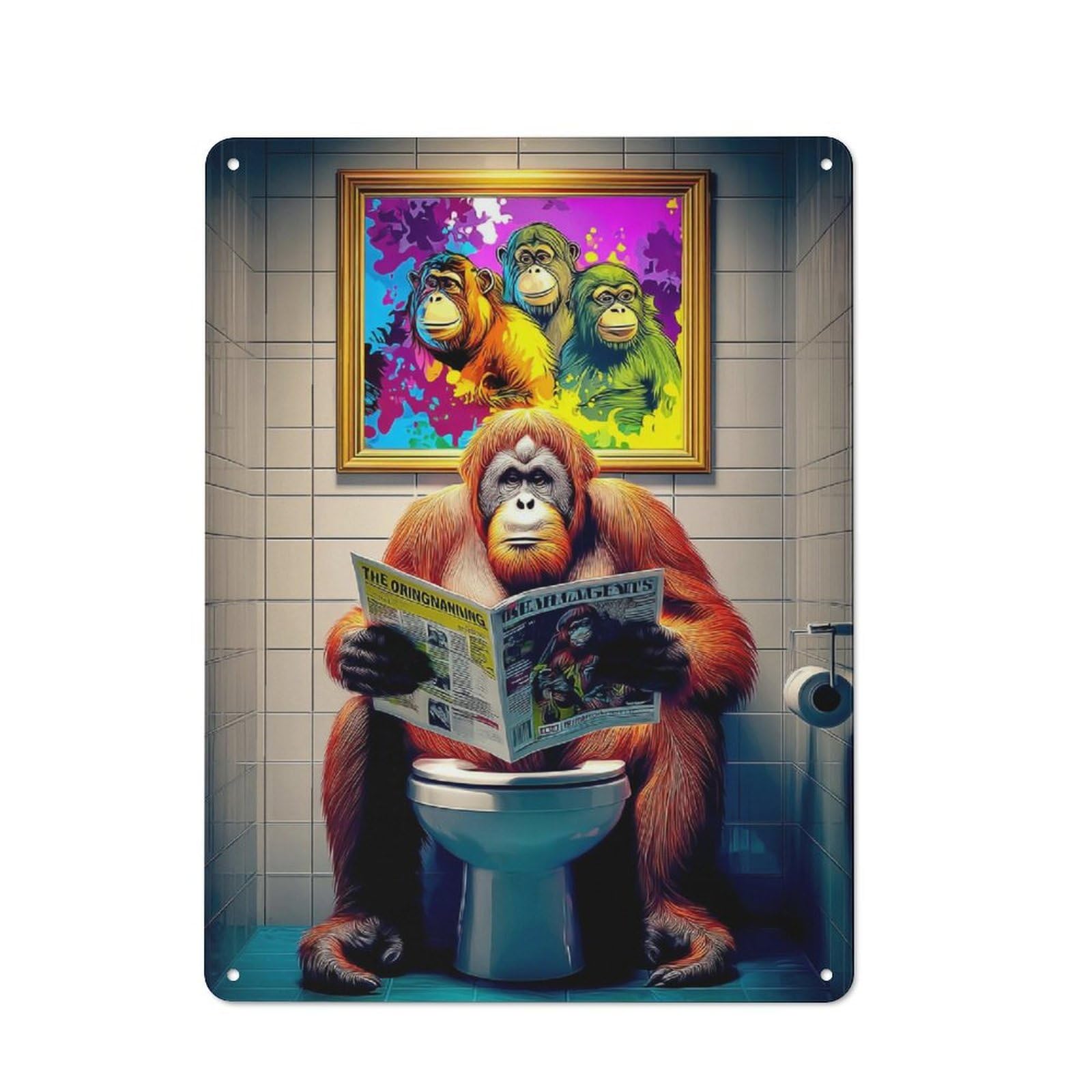 Junmoney Orangutan Reading Newspaper In Bathroom-1 40X30cm Retro Tin Sign With For Living Room Or Hallway, A Decorative Metal Sign For Living Rooms And Hallways