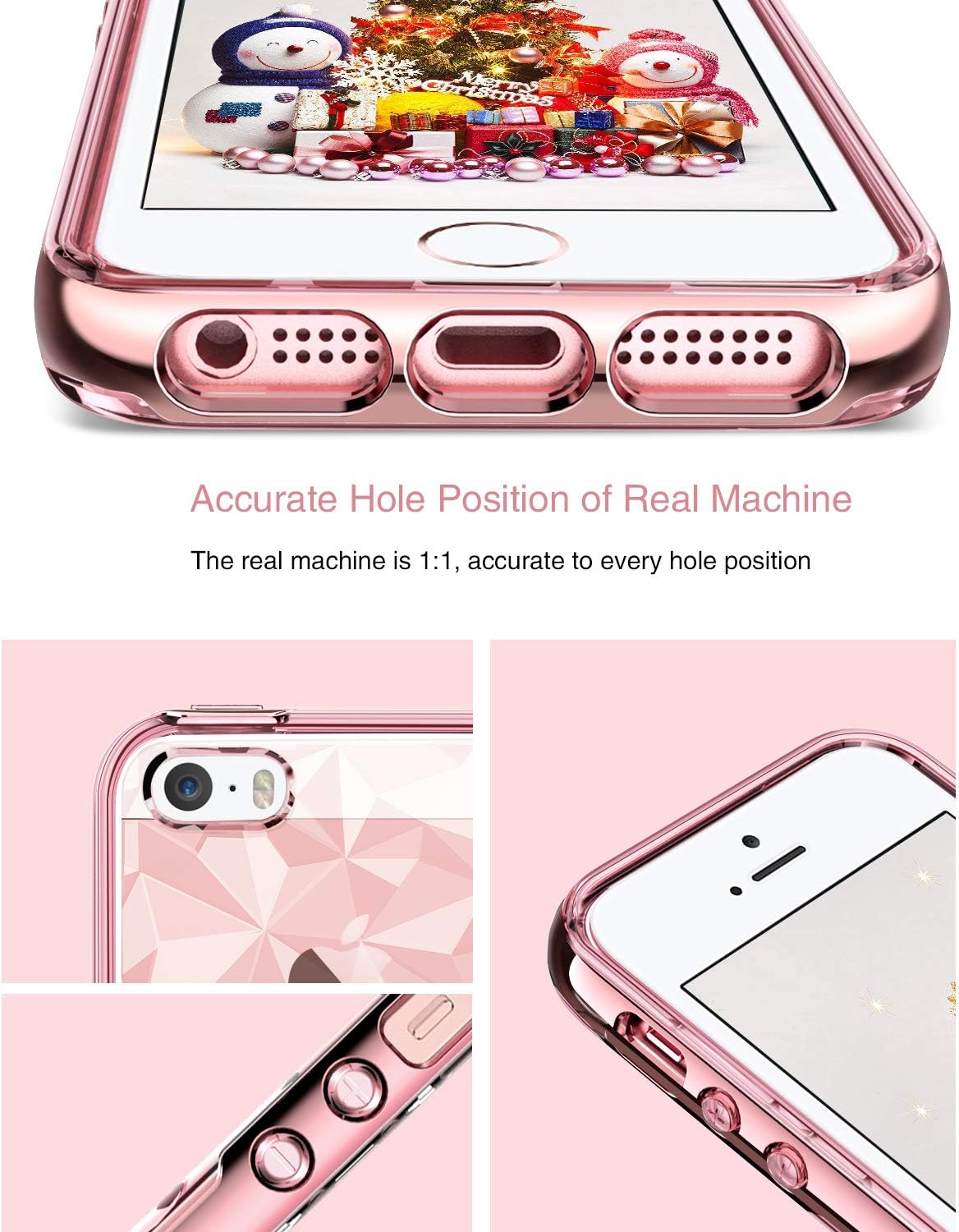 BENTOBEN iPhone SE Case, iPhone 5 5S Case, Crystal Clear Scratch Resistance Shockproof Slim 2 in 1 Hybrid TPU PC Bumper 3D Diamond Visual Protective Phone Case for iPhone SE 5S 5, Rose Gold