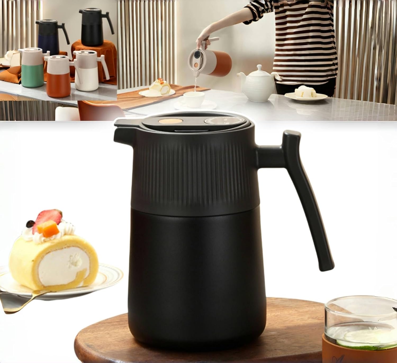 high-end black SUS316 Safe edible materials teapot, 64oz large capacity, Can display temperature, vacuum insulation, suitable for hot water, tea, coffee, drinks, ice cubes, etc.