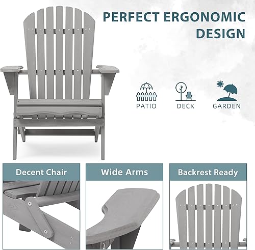 Miniatura 5 de Juego de 2 sillas Adirondack plegables de madera, respaldo premontado, silla de madera para patio al aire libre, jardín, césped, patio, terraza,