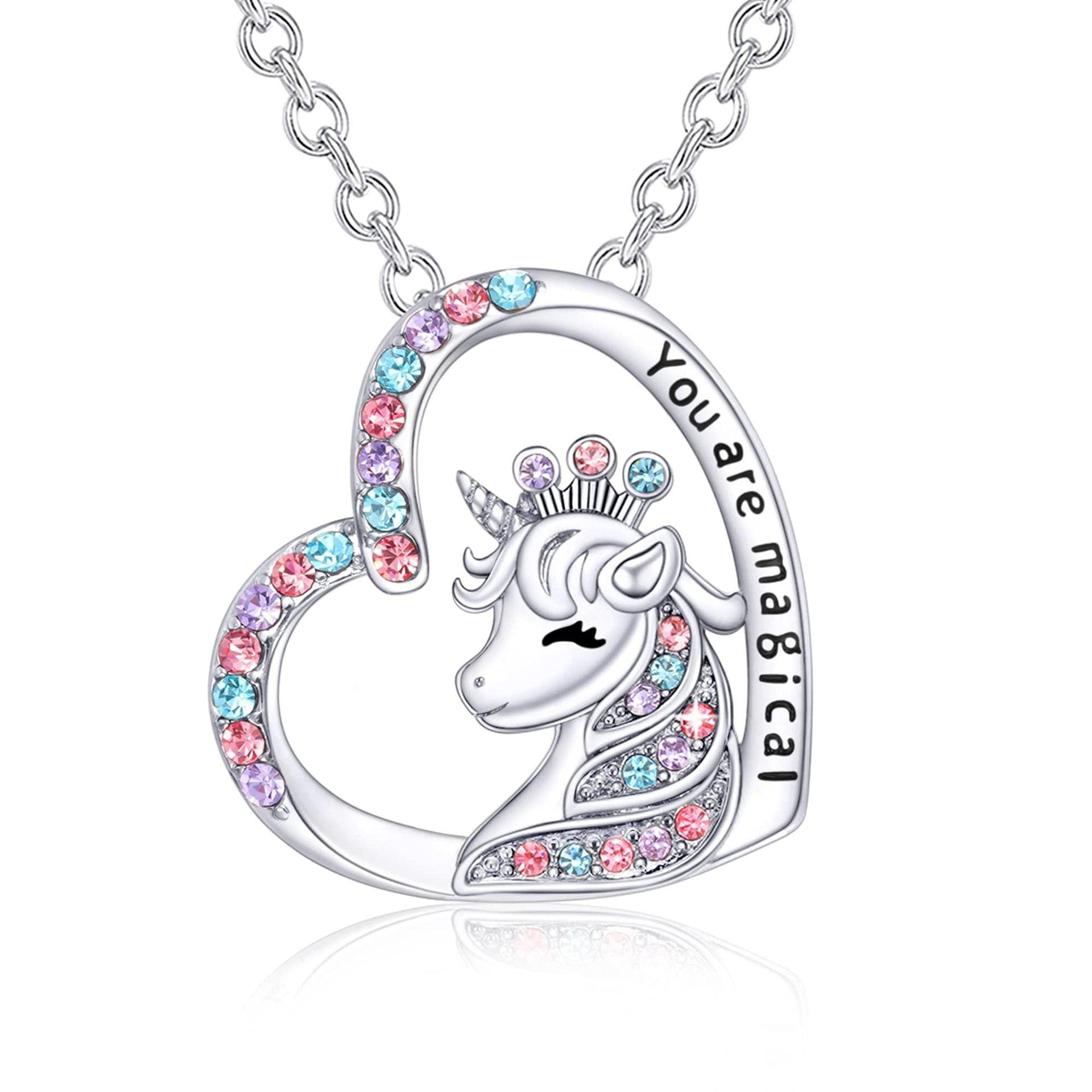 Ozmw Collar de Unicornio para Niñas, Colgantes de Corazón de Cristal, Regalos de Joyería para Niñas y Mujeres