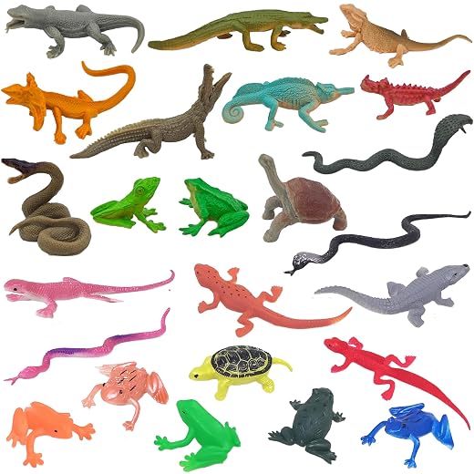 Reptile Toys for Kids, 24Pcs Fake Lizard Toys Amphibians Rainforest Animal Figures Plastic Salamander, Frog, Snake, Komodo Dragon, Chameleon for Kids Party Decoration
