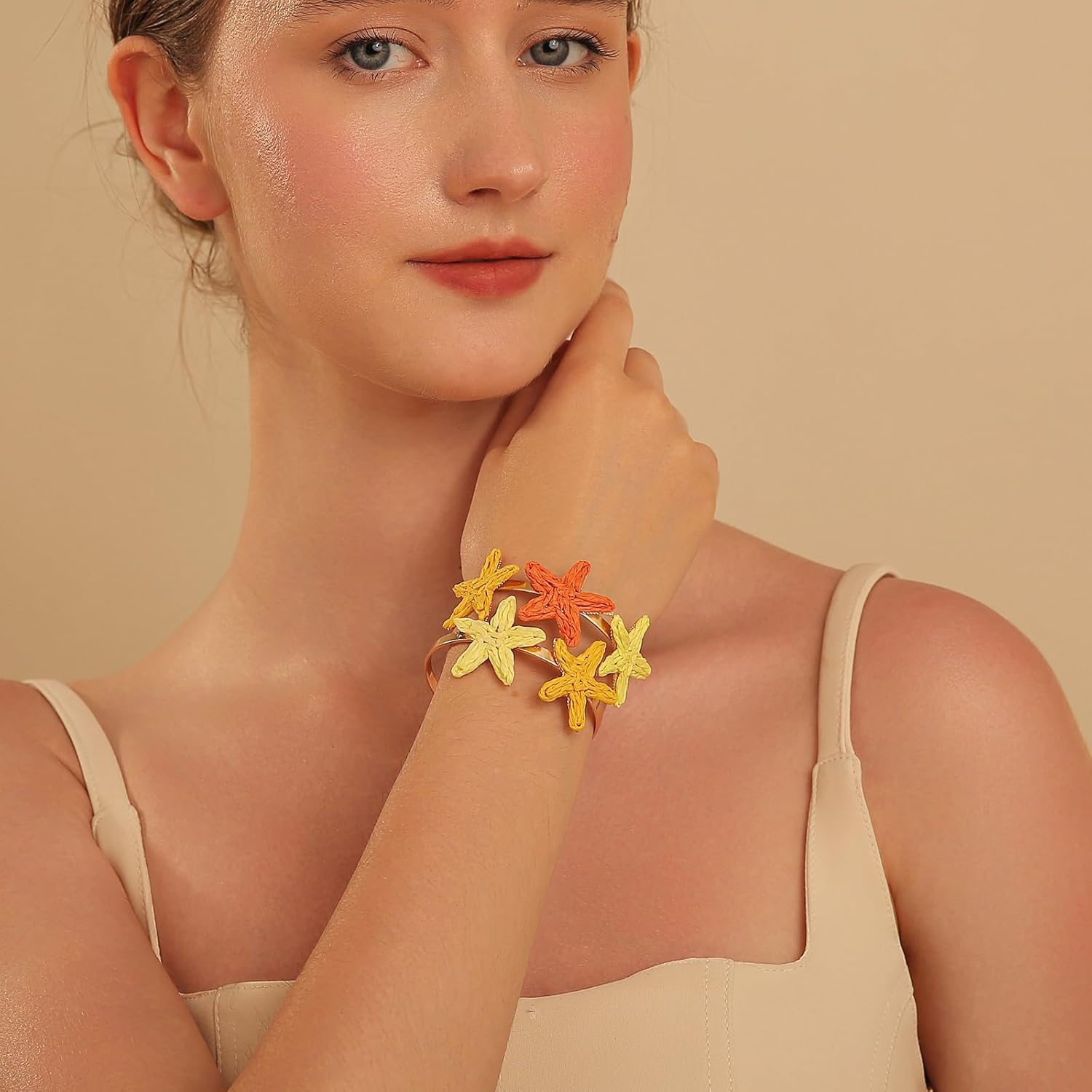 Handmade Raffia Starfish Cuff Bracelet for Women - Colorful Adjustable Wide Open Bangle, Statement Tropical Beach Jewelry - Image 2