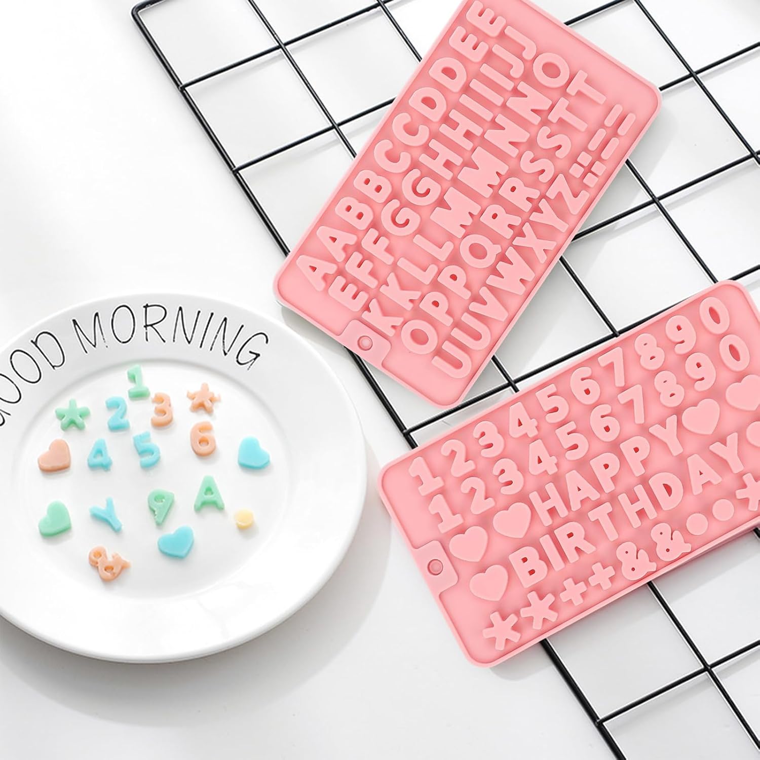 2 pcs Pink Number Chocolate Molds and Letter Silicone Molds,kitchen utensils,with Happy Birthday Cake Decorations Symbols,for Chocolate, Candy, ice cubes,cake cookies image 3