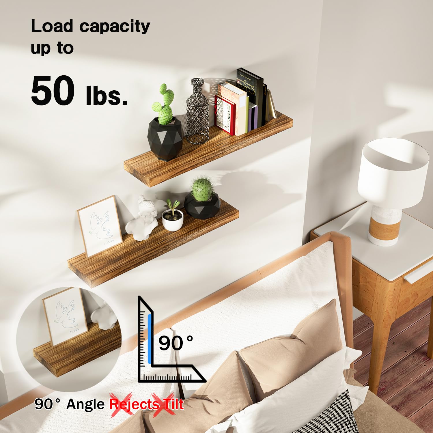 Set di 2 mensole galleggianti in legno da parete, 60 cm, in legno naturale di paulonia, decorazione rustica, mensole da parete per camera da letto, soggiorno, cucina (marrone chiaro, 60 cm)